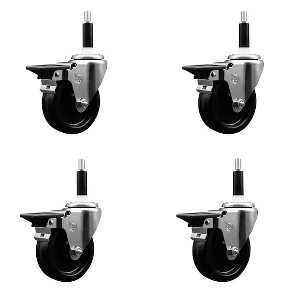 4'' Phenolic Swivel 7/8'' Expanding Stem Caster Set with Brake, 4PK